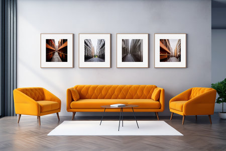 Interior of modern living room with yellow sofa, coffee table and picture frames. 3D renderの素材