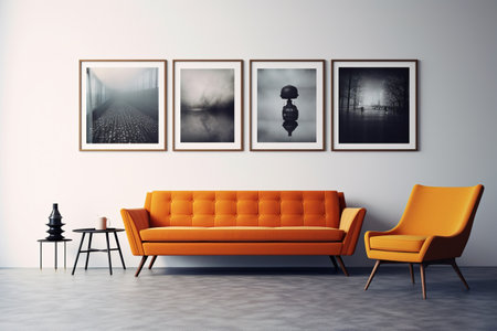 Living room interior with orange sofa, coffee table and pictures on wall. Mock up, 3D Renderingの素材