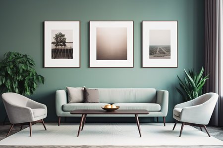 interior with sofa, coffee table and picture frames on wall. 3d renderの素材