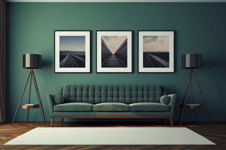 Green living room interior with a sofa, a lamp and posters - renderingの素材