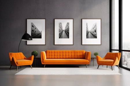 modern living room with orange sofa, lamp and picture frames on wallの素材