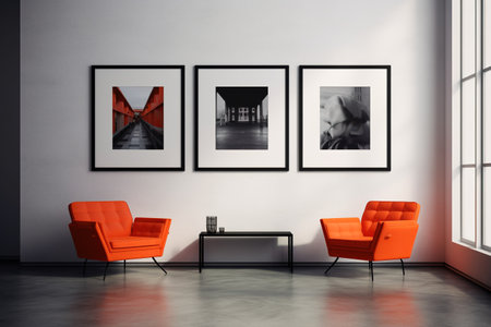 Interior of modern living room with two orange armchairs, black coffee table and picture frames on the wall. 3d renderingの素材