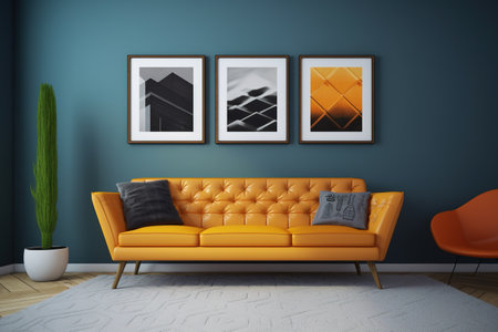 Interior of modern living room with yellow sofa, orange armchair and picture framesの素材