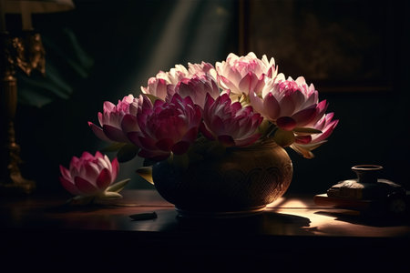 Beautiful lotus flowers in vase on table in dark roomの素材