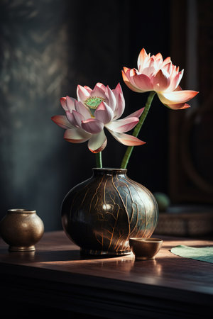 Beautiful lotus flower in vase on the wooden table.の素材
