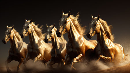 Golden horses in a row on a dark background. 3d renderingの素材