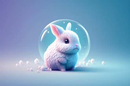 Cute white rabbit with bubbles on blue background. 3D renderingの素材