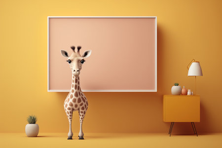 3D rendering of a giraffe in a room with orange wallの素材