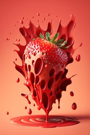 Strawberry in red juice splashing. 3d illustration.の素材