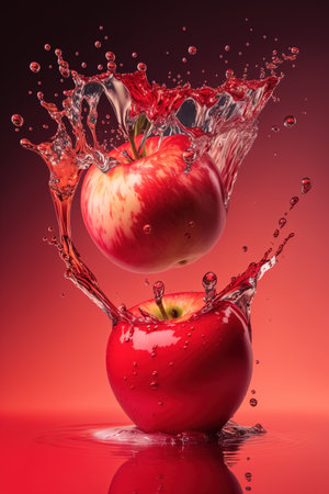 Red apple with water splash on red background. 3d illustration.の素材