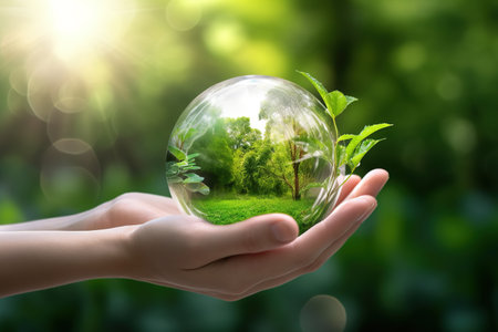 Human hands holding glass sphere with green forest inside. Ecology concept.の素材