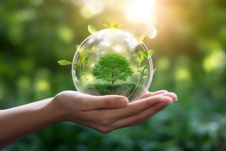 Hand holding glass sphere with green tree inside. Environment conservation concept.の素材
