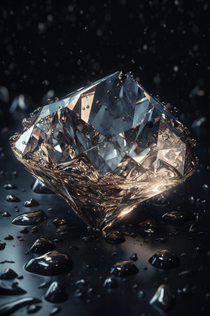 Diamond on black background with water drops. 3d render illustration.の素材