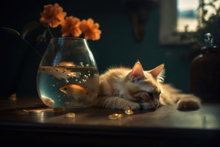 Cute ginger kitten is sleeping next to a gold fish in a glass aquarium.の素材
