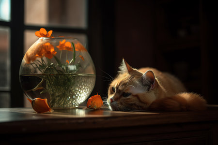 Cute ginger cat sleeping next to a glass vase with flowersの素材