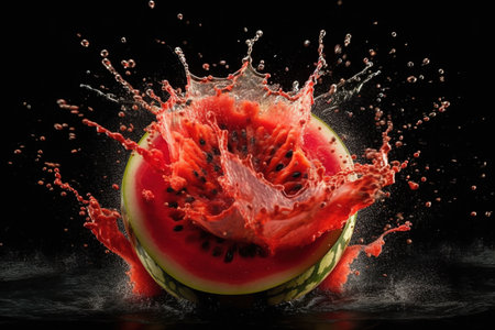 Watermelon with splashes of water on a black background, isolatedの素材