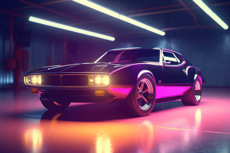 Retro car in neon light. 3D rendering. Neon lights.の素材