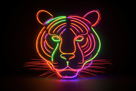 Neon tiger head on black background. Vector illustration. Neon sign.の素材