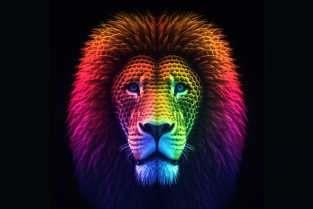 Lion head in rainbow colors on black background. 3d renderingの素材