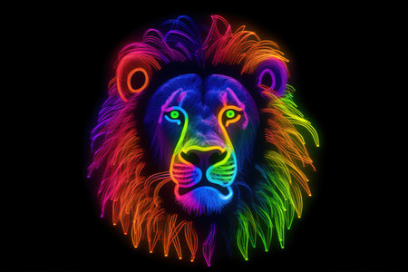 Lion head in rainbow colors isolated on black background. Vector illustration.の素材