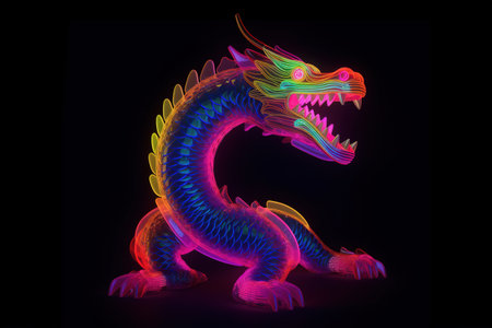 colorful dragon isolated on black background. 3d render illustration.の素材