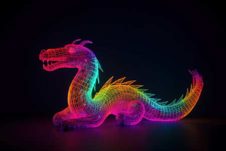 Dragon on a dark background. 3d rendering. Neon style.の素材
