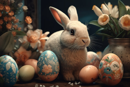 Easter bunny with easter eggs and spring flowers on dark backgroundの素材