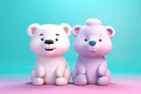 3D rendering of a cute couple of polar bears sitting on a blue backgroundの素材