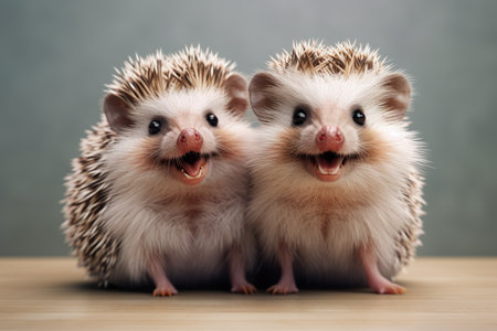 Two funny hedgehogs on a wooden table. Studio shot.の素材