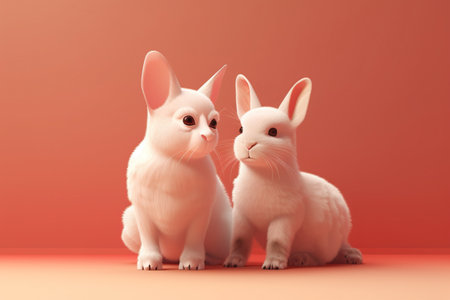 Two white rabbits on a red background. 3d render illustration.の素材