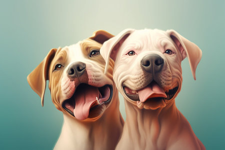 Portrait of two cute dogs. Studio shot on blue background.の素材