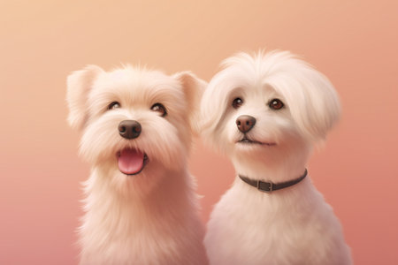 Two cute Maltese puppies looking at the camera on a pink backgroundの素材