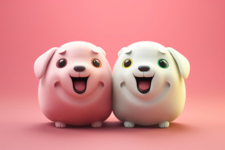 Two funny dogs isolated on a pink background. 3d rendering.の素材