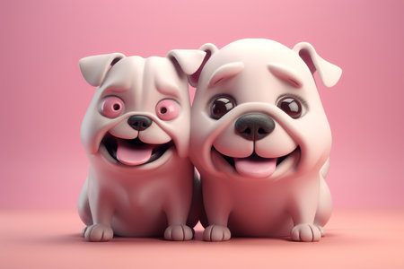 3D rendering of a pair of cute cartoon dogs isolated on pink backgroundの素材
