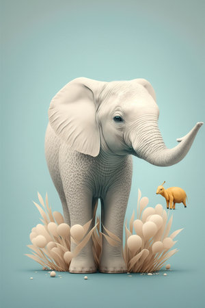Elephant in the grass on blue background. 3d illustration.の素材