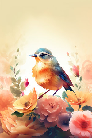 Spring background with flowers and bird. Watercolor painting. Vector illustration.の素材