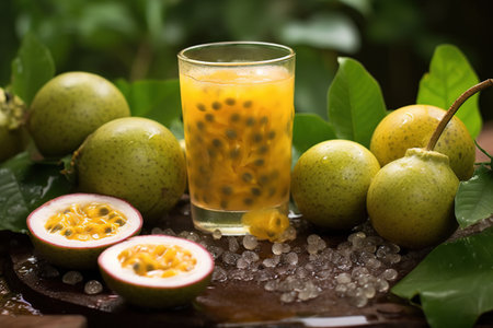 Passion fruit juice and fresh passion fruit on wooden table with nature background.の素材