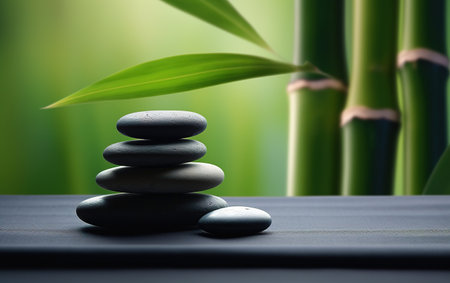 Spa still life with zen stones and bamboo on green backgroundの素材