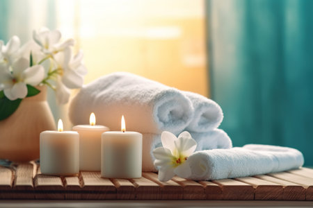 Spa and wellness setting with candles, towel and flowers on wooden boardの素材