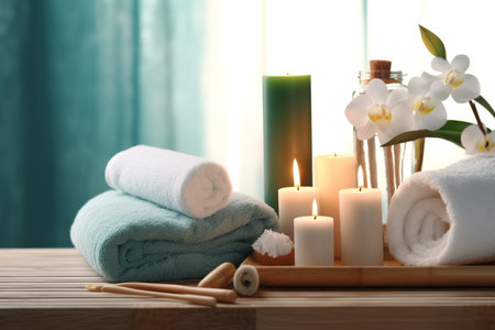 Beautiful spa composition with candles and towels on wooden table in roomの素材
