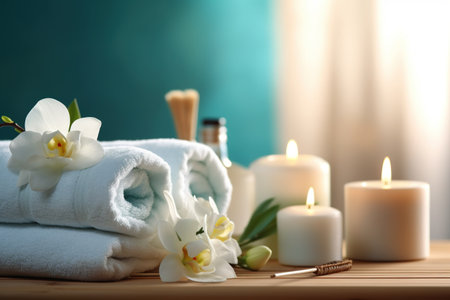 Spa composition with towels, candles and orchid flowers on wooden tableの素材