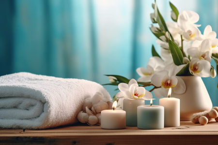 Spa still life with white orchids, candles and towelsの素材