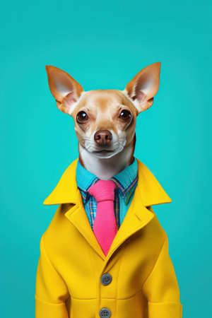 Funny chihuahua dog in yellow raincoat and pink tie on blue background.の素材