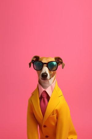 Funny dog in sunglasses and a yellow suit on a pink backgroundの素材
