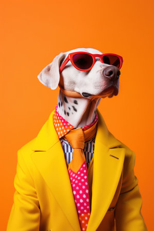 Funny dog in yellow coat and red sunglasses on orange background.の素材