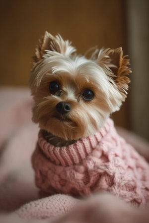 Yorkshire Terrier in a pink knitted sweater on a dark backgroundの素材
