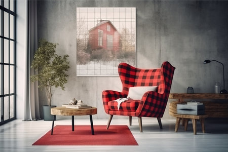 Modern living room interior with red armchair, coffee table and window with countryside view. 3D Renderingの素材
