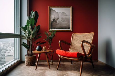Interior of a modern living room with red walls, wooden floor and comfortable armchairの素材