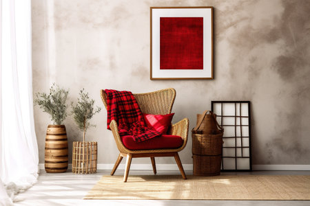 Interior of modern living room with armchair, wicker basket and mock up posterの素材