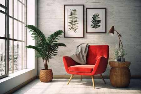 Modern living room interior with red armchair and plants. Mock up, 3D Renderingの素材